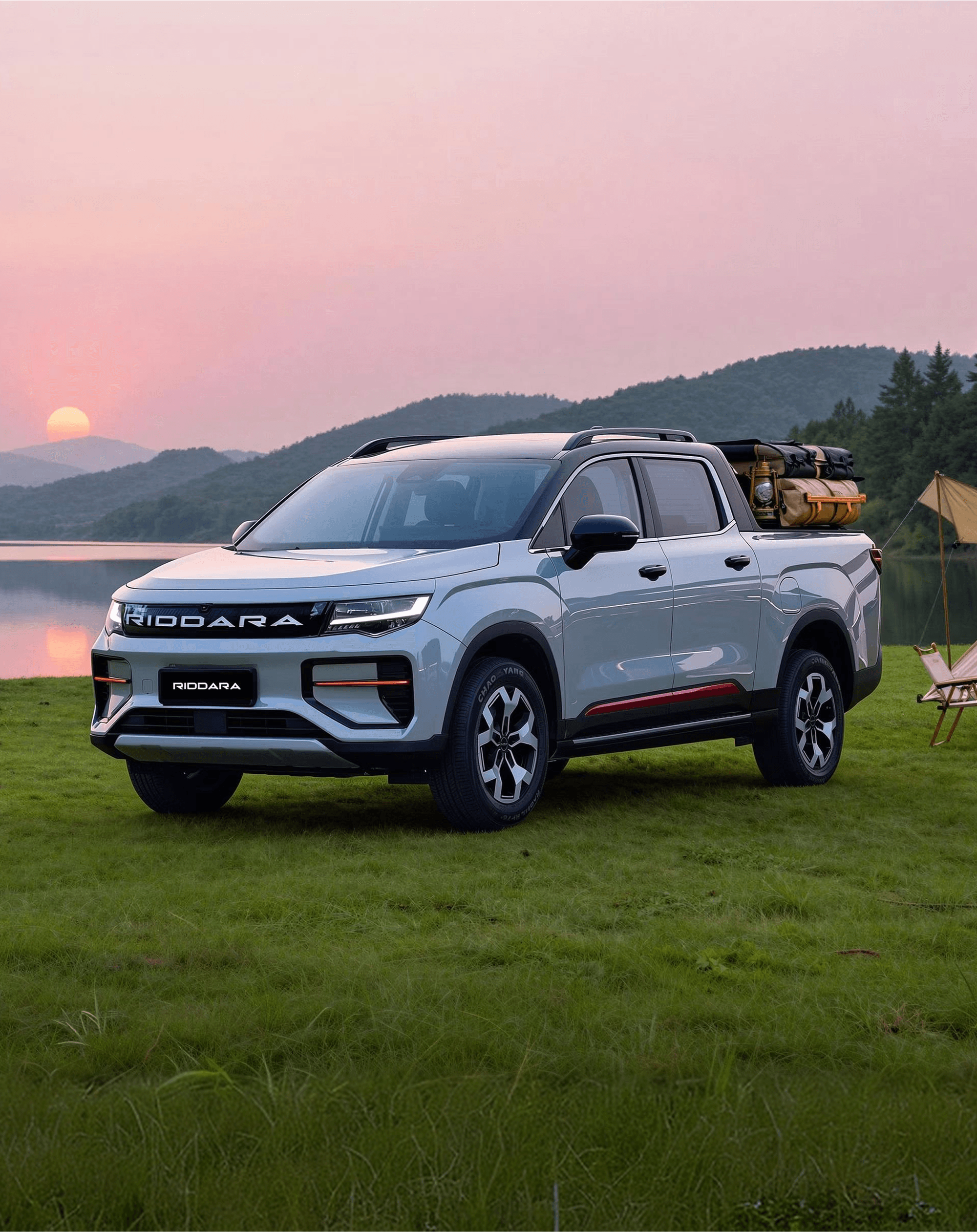 Geely Riddara parked beside a lakeside camp with a loaded cargo bed