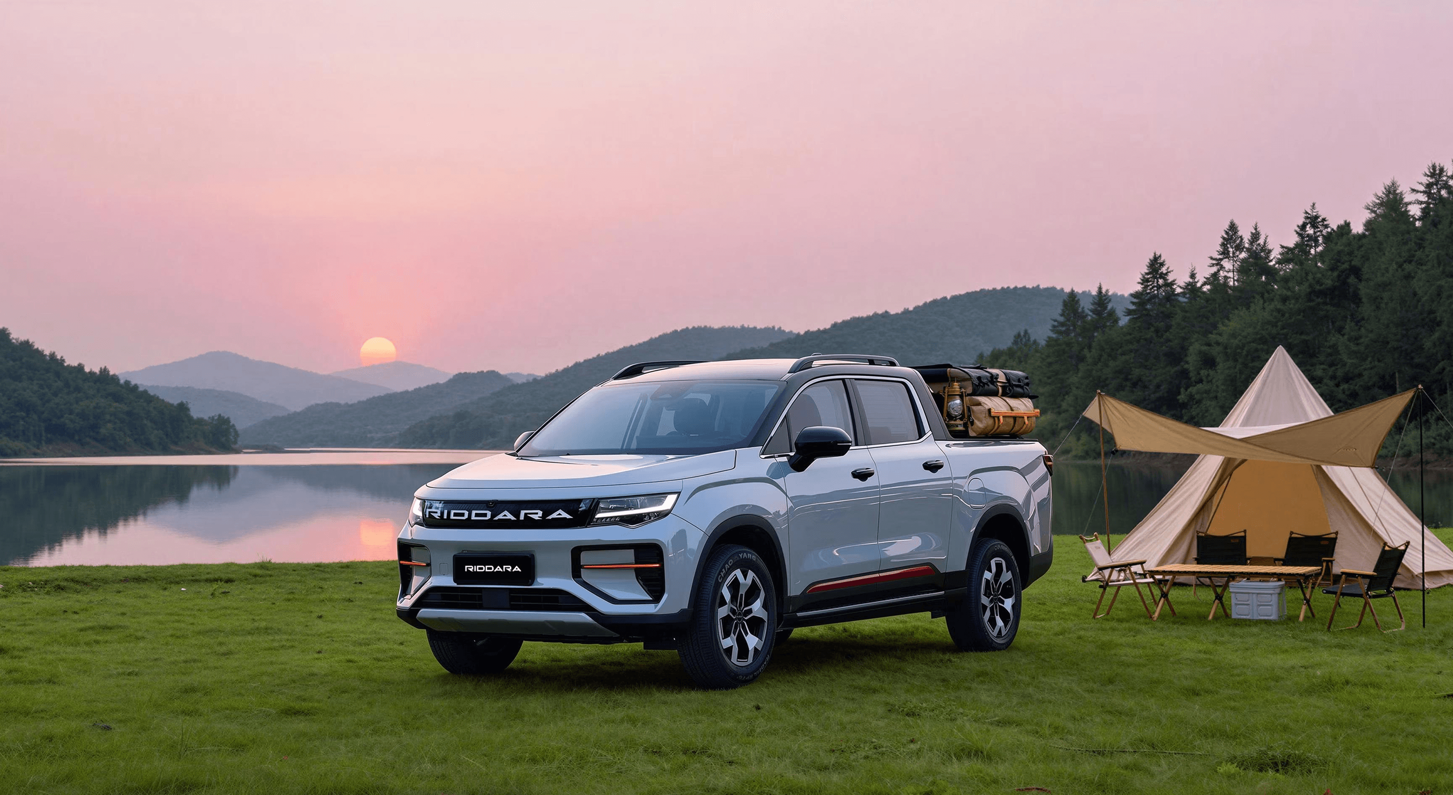 Geely Riddara parked beside a lakeside camp with a loaded cargo bed