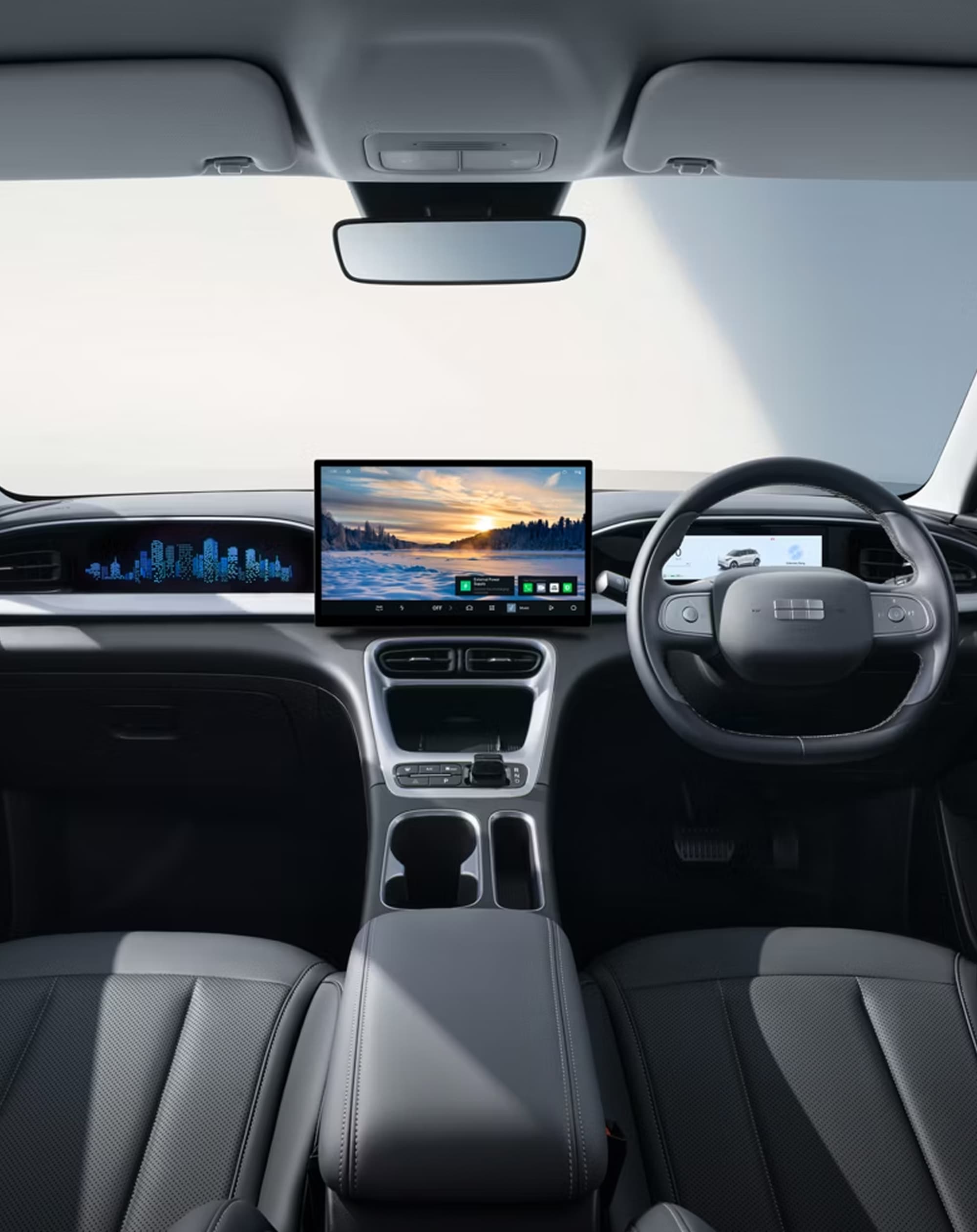 Geely E2 interior with 14.6" HD touchscreen and 8.8" LCD instrument cluster