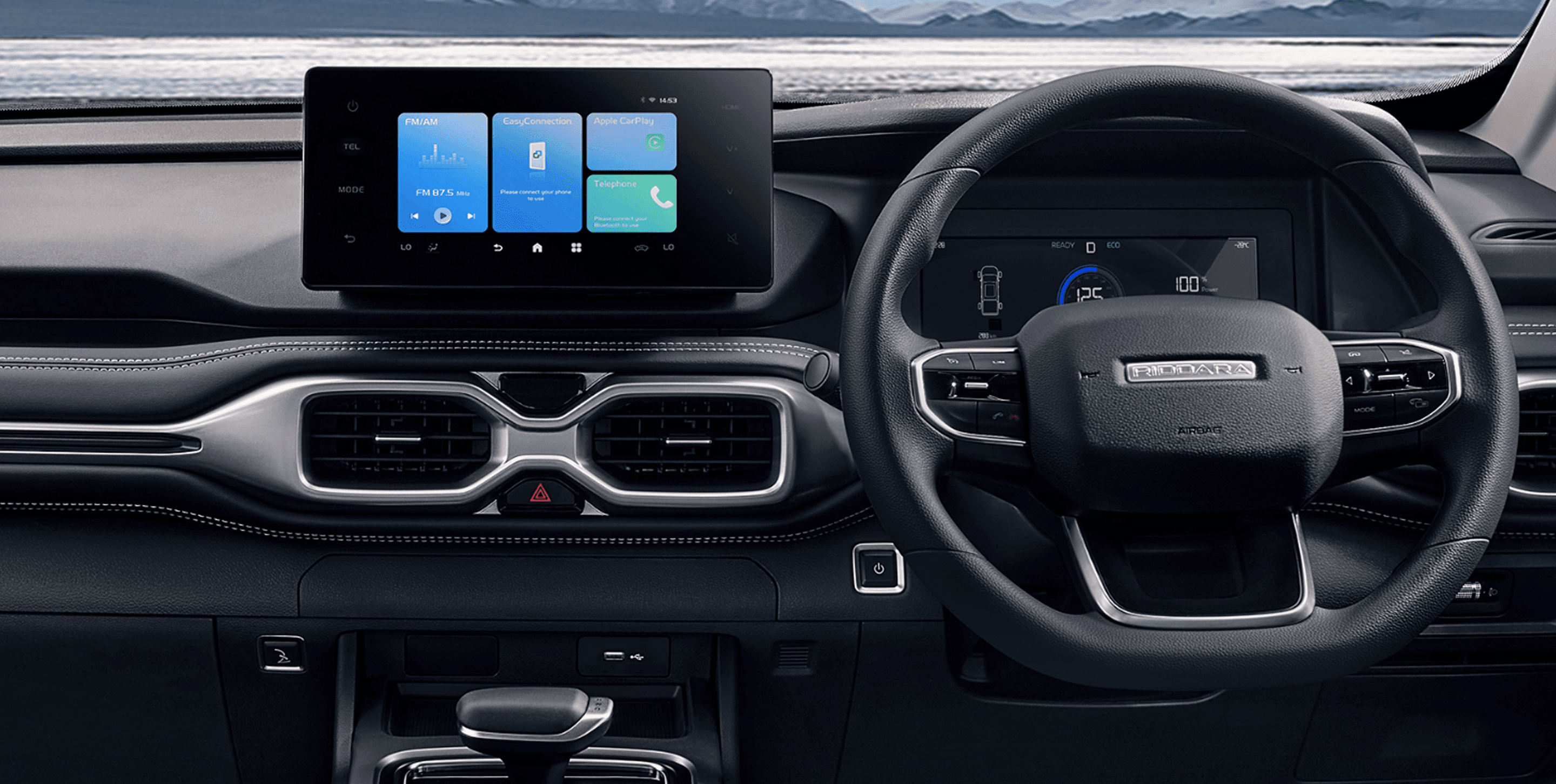 Geely Riddara infotainment screen showing Apple CarPlay and radio