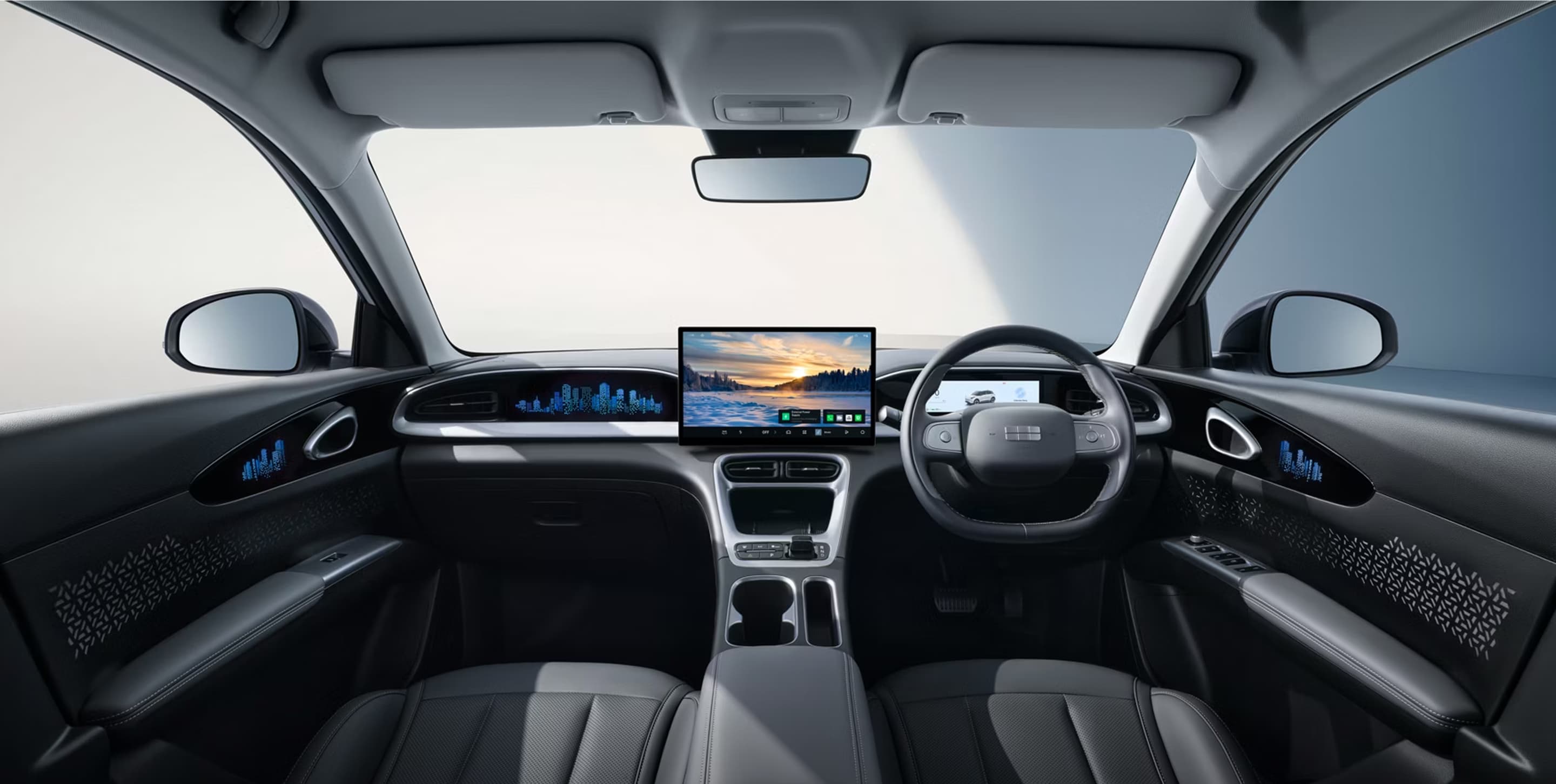 Geely E2 interior with 14.6" HD touchscreen and 8.8" LCD instrument cluster